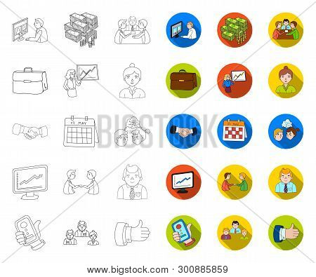 Business Conference And Negotiations Outline, Flat Icons In Set Collection For Design.business And T