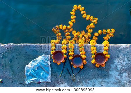 Peoples Is Kindling Lamp With Flowers In Evening Time Varanasi, Uttar Pradesh, Varanasi, India