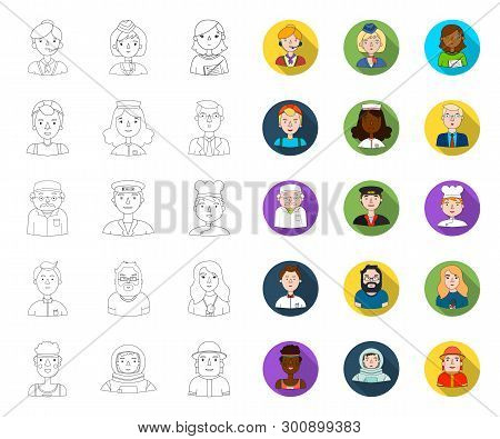 People Of Different Professions Outline, Flat Icons In Set Collection For Design. Worker And Special