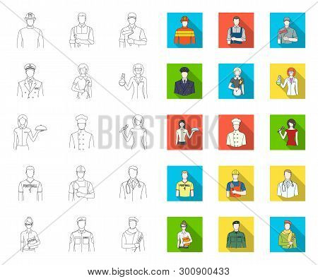 People Of Different Professions Outline, Flat Icons In Set Collection For Design. Worker And Special