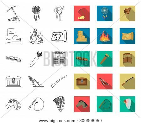 Attributes Of The Wild West Outline, Flat Icons In Set Collection For Design.texas And America Vecto