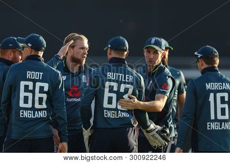 SOUTHAMPTON, ENGLAND. MAY 11 2019: David Willey of England celebrates taking the wicket of Imad Wasim of Pakistan during the England v Pakistan, 2nd ODI