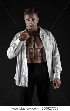 Sexy Man In Unbuttoned Shirt. Macho Man With Muscular Body. Athletic Body. Male Fashion And Charisma