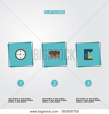 Set Of Workspace Icons Flat Style Symbols With Wall Clock, Coffee Maker, Briefcase And Other Icons F