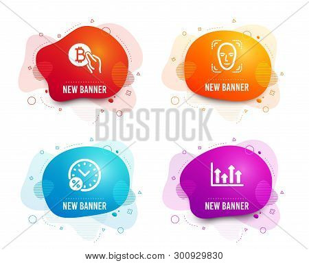 Liquid Badges. Set Of Face Detection, Loan Percent And Bitcoin Pay Icons. Upper Arrows Sign. Detect 