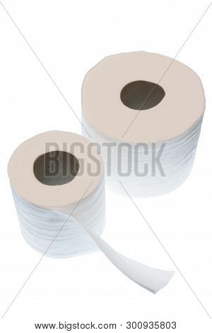 Vertical Shot Of Two Rolls Of Toilet Paper Sitting Next To Each Other.  Isolated On White With Copy 