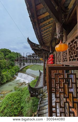 Furong, China - May 29, 2018: Furong ancient village and waterfall in Hunan.