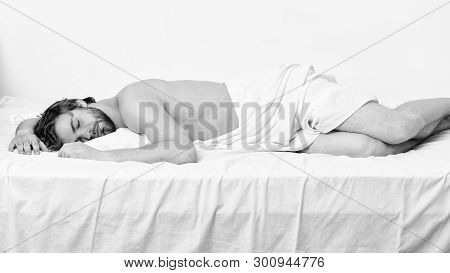 Man Unshaven Bearded Face Sleep Bed. Time For Nap. Sleep And Relax Concept. Feel Comfortable And Rel