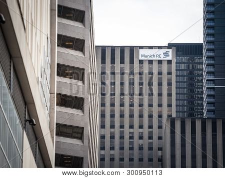 Toronto, Canada - November 13, 2018: Munich Re Logo, On Of Their Headquarters For Canada In Toronto,