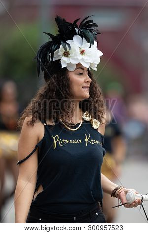 New Orleans, Louisiana, Usa - February 23, 2019: Mardi Gras Parade, Member Of The Nitmeaux Krewe,  D