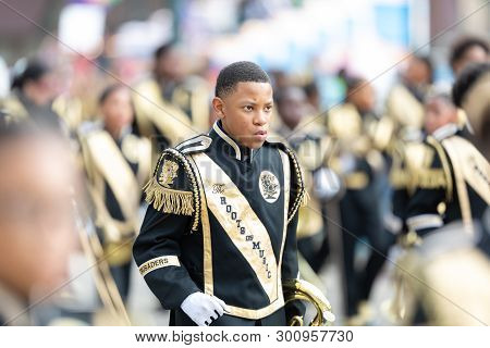 New Orleans, Louisiana, Usa - February 23, 2019: Mardi Gras Parade, The Roots Of Music Marching Crus