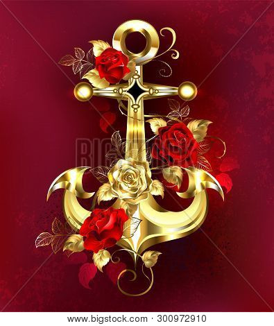 Gold, Shiny Jewelry Anchor, Wrapped In Red And Gold Roses With Golden Stems And Leaves. Design With 