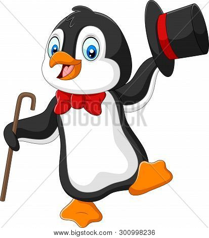 Vector Illustration Of Cartoon Penguin Holding Hat And Cane