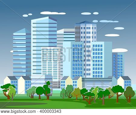 Big Modern City. Light Pleasant Cityscape. High-rise Buildings, Skyscrapers And High-rise Buildings.