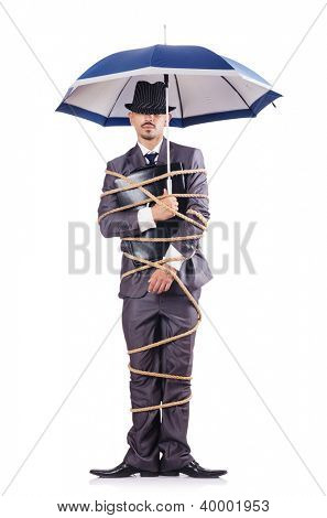 Man vastgebonden met touw op wit