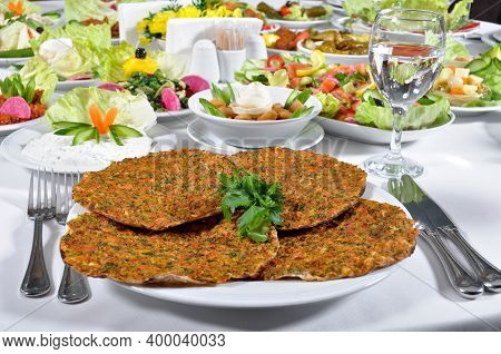 Turkish Lahmacun Kebap, One Of The Most Important Dishes Of Turkish Cuisine, Delicious And Tradition