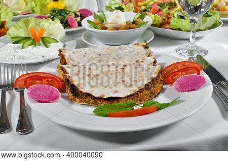 Turkish Lahmacun Kebap, One Of The Most Important Dishes Of Turkish Cuisine, Delicious And Tradition