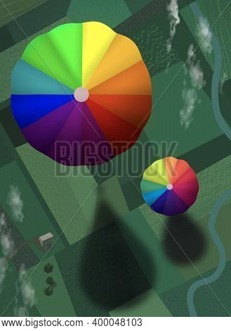 Hot Air Balloon Float Over A Patchwork Of Rural Farm Land. Image Is A Colorful Design With An Unusua