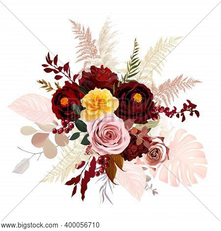 Luxurious Boho Trendy Vector Design Floral Bouquet. Blush Pink And Yellow Rose, Burgundy Red Dahlia,