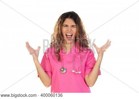 Attractive doctor wearing a pink uniform isolated on a white background