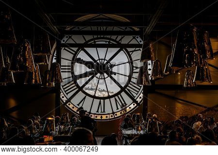Paris, France - October 28, 2017: Inside View Of A Giant Glass Clock In Restaurant Of Orsay Museum (