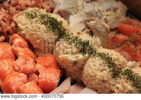 Serving Plate With Fresh Luxurious Seafood And Sauce