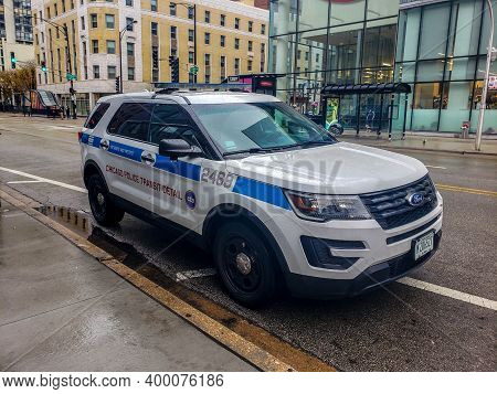 Chicago, Il December 12, 2020, Cpd Chicago Police Department Cop Car, Squad Car Parked Along The Sid