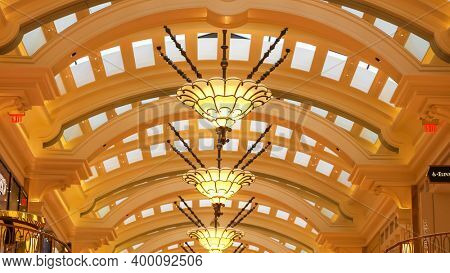 Las Vegas, Nevada, United States - December 23, 2019: Luxury interior lamps on a curved roof inside the  Wynn luxury shopping mall at Wynn Hotel Resort in Las Vegas, Nevada.