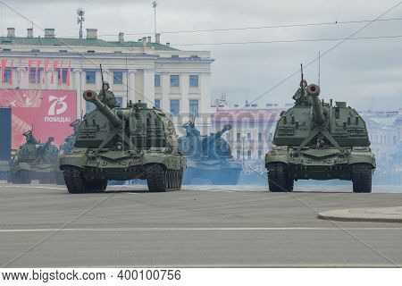 Saint Petersburg, Russia - June 20, 2020: Convoy Of Self-propelled Artillery Installations 2s19 