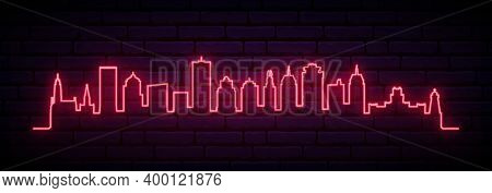 Red Neon Skyline Of Rochester. Bright Rochester City Long Banner. Vector Illustration.