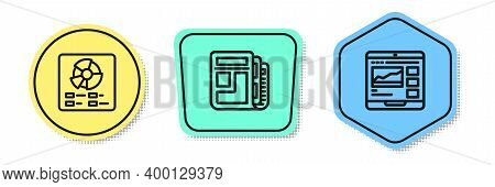 Set Line Pie Chart Infographic, Stock Market News And Trading Courses. Colored Shapes. Vector