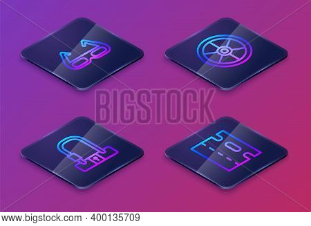Set Isometric Line Sport Cycling Sunglasses, Bicycle Lock, Wheel And Lane. Blue Square Button. Vecto