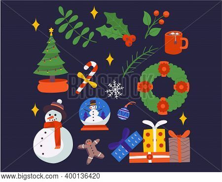 Christmas Decoration Illustration Snowman & Three Vector Set