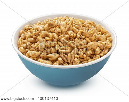Puffed Wheat Cereal In Bowl Isolated On White Background