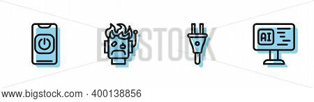 Set Line Electric Plug, Turn Off Robot From Phone, Robot Burned Out And Software Icon. Vector