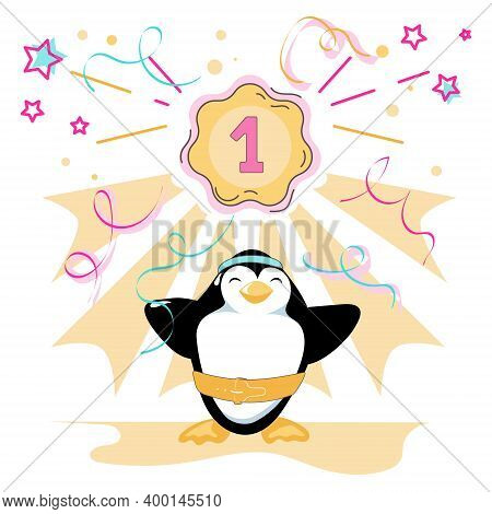 Cartoon Penguin Is The Winner. He Stands Proudly Under Confetti Flying Around Being The Champion, Nu