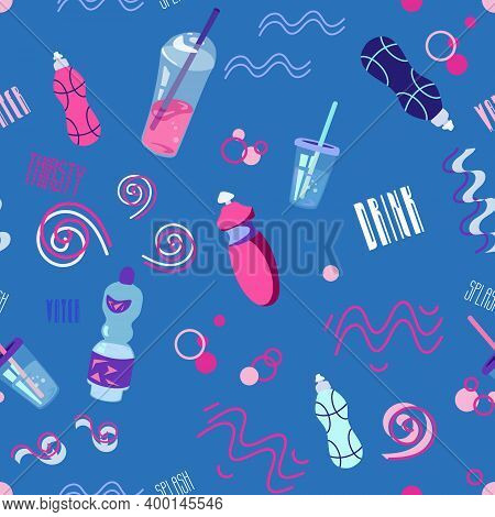 Seamless Pattern With Drink Water Theme. Bottles And Glasses, Splash And Waves Emphasize Importance 