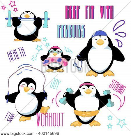 Keep Fit With Penguins Set. Cute Cartoon Penguins Jump, Swim And Train. Clipart With Characters And 