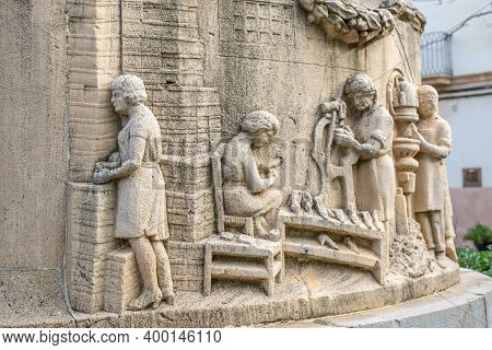 Llucmajor, Spain; December 17 2020: Close-up Of The Sculpture In Homage To The Shoemaker's Guild, Ma