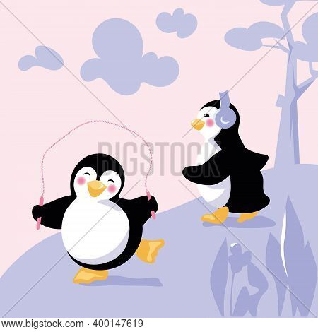 Friendly Penguins Have Hop Run Training Outdoors