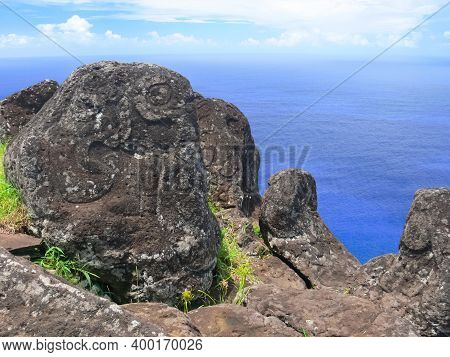 Rocks With Rock Engraving. Easter Island, Traces Of Ancient Culture.