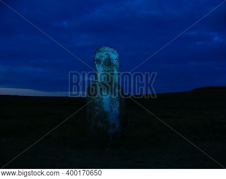 Statues Of Easter Island At Night. Ancient Statues Of Ancient Civilization