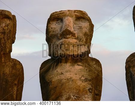 Statues Of The Gods Of Easter Island. Ancient Statues Of Ancient Civilization On Easter Island.
