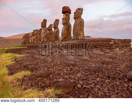 Statues Of The Gods Of Easter Island. Ancient Statues Of Ancient Civilization On Easter Island.