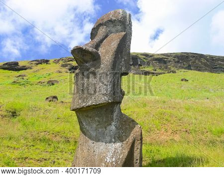 Statues Of The Gods Of Easter Island. Ancient Statues Of Ancient Civilization On Easter Island.