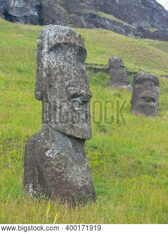 Statues Of The Gods Of Easter Island. Ancient Statues Of Ancient Civilization On Easter Island.