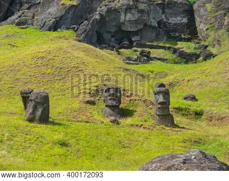 Statues Of The Gods Of Easter Island. Ancient Statues Of Ancient Civilization On Easter Island.