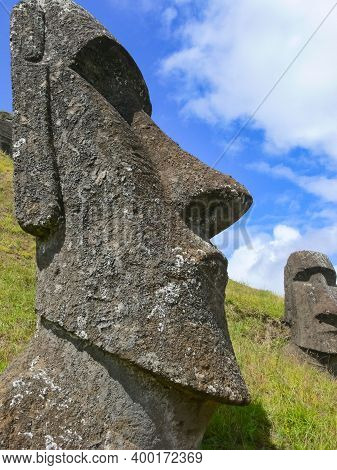 Statues Of The Gods Of Easter Island. Ancient Statues Of Ancient Civilization On Easter Island.