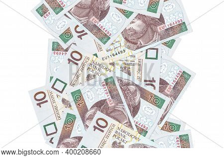 10 Polish Zloty Bills Flying Down Isolated On White. Many Banknotes Falling With White Copyspace On 
