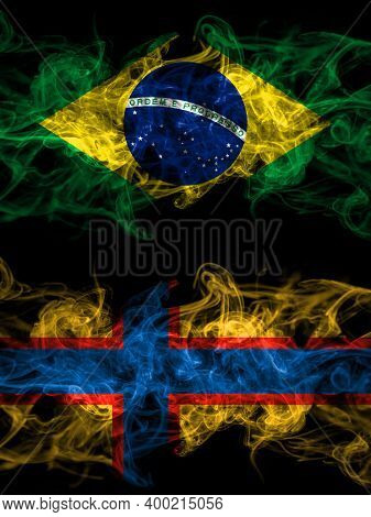 Brazil, Brazilian Vs Ingrian People Smoky Mystic Flags Placed Side By Side. Thick Colored Silky Abst